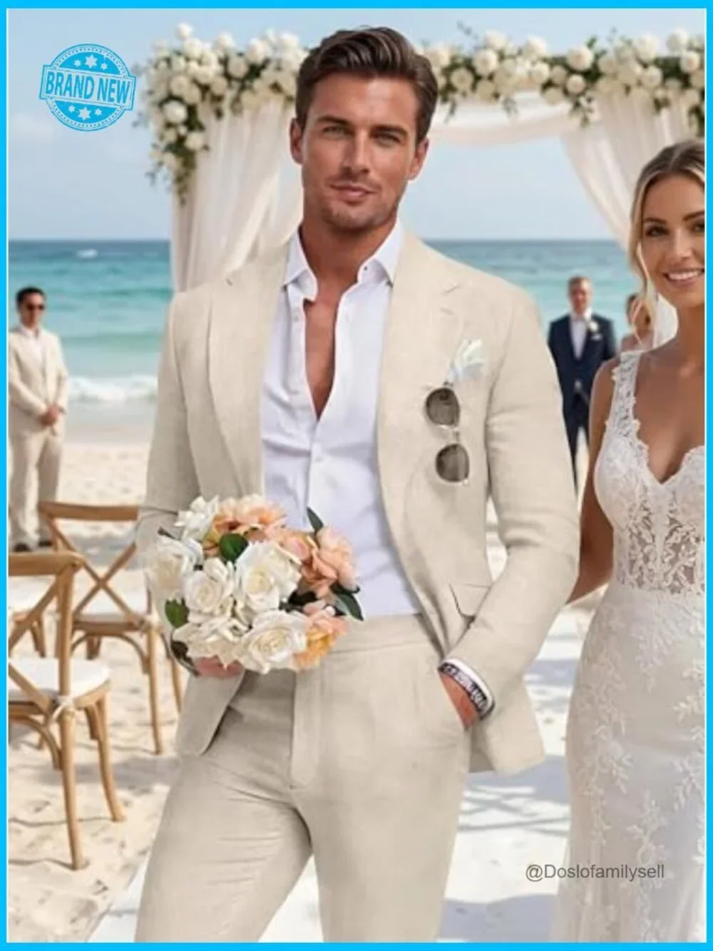 Linen Suit Slim Fit Summer Wedding Prom Party Blazer Pants Classic Elegant